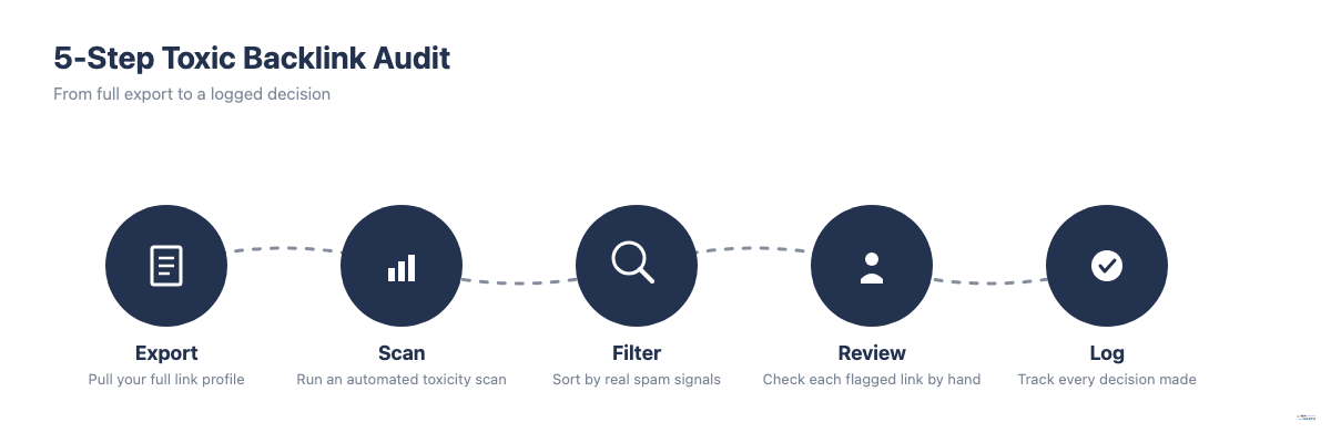 Five-step toxic backlink audit workflow: export, scan, filter, review, log