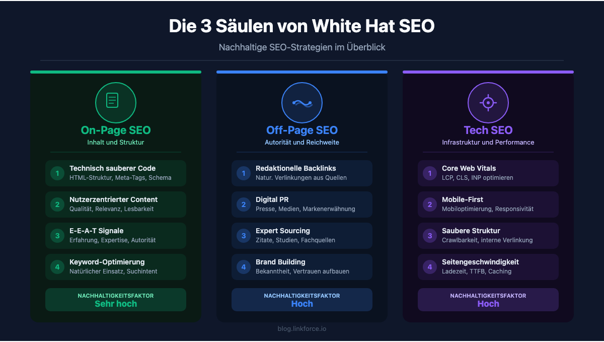Die 3 Säulen von White Hat SEO: On-Page SEO, Off-Page SEO und Tech SEO im Überblick