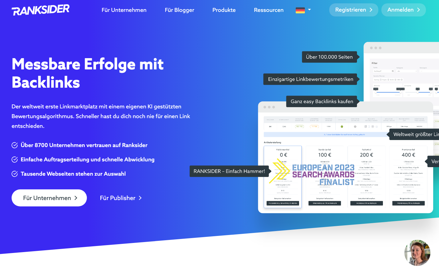 Screenshot der Ranksider-Startseite - ein deutscher Linkmarktplatz zum Kauf von Backlinks