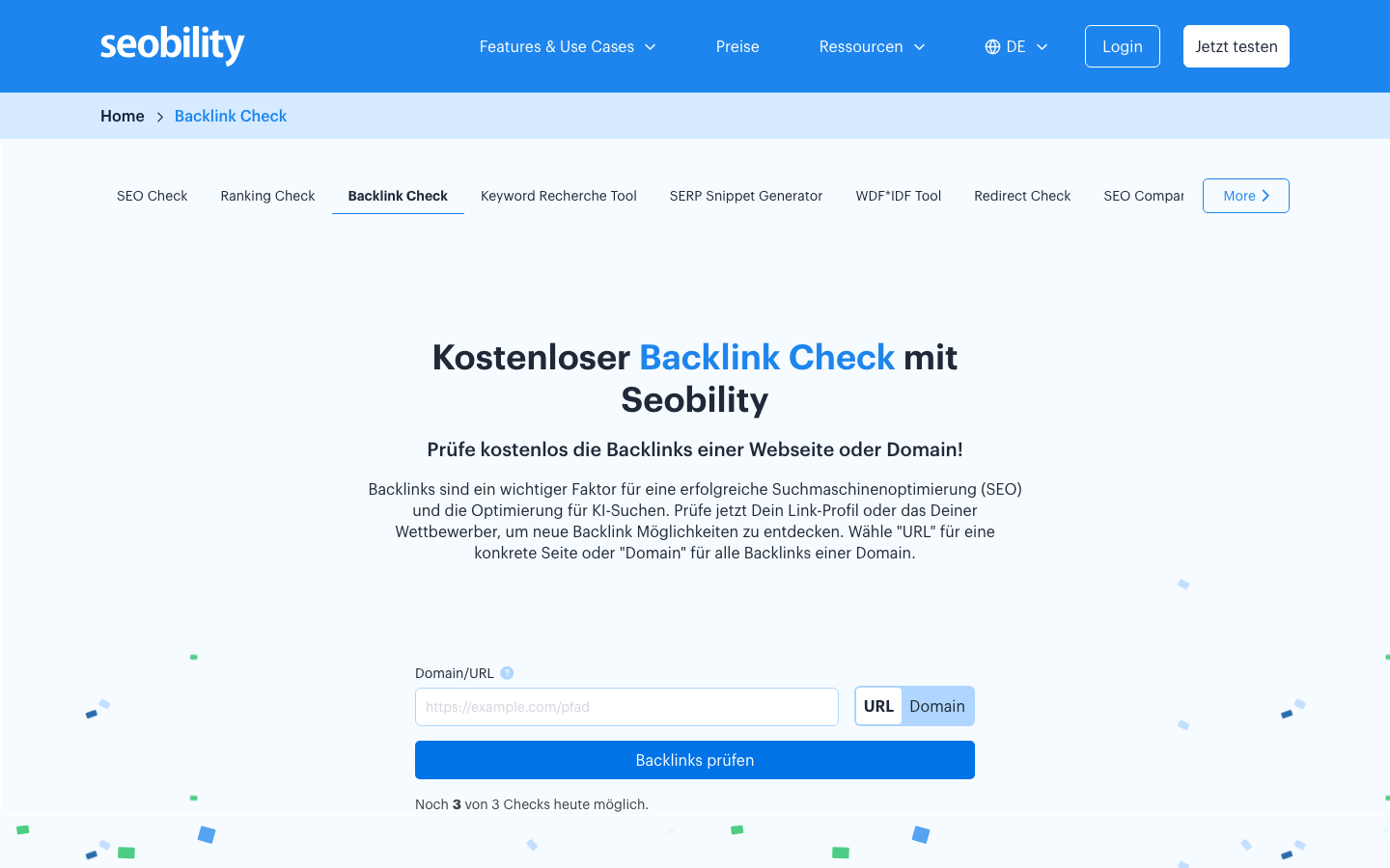 Screenshot des Seobility Backlink-Check Tools - kostenloser Einstieg in die Backlink-Analyse für kleinere Projekte