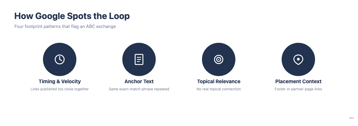 Four footprint patterns Google uses to detect an ABC link exchange: timing and velocity, anchor text, topical relevance, and placement context