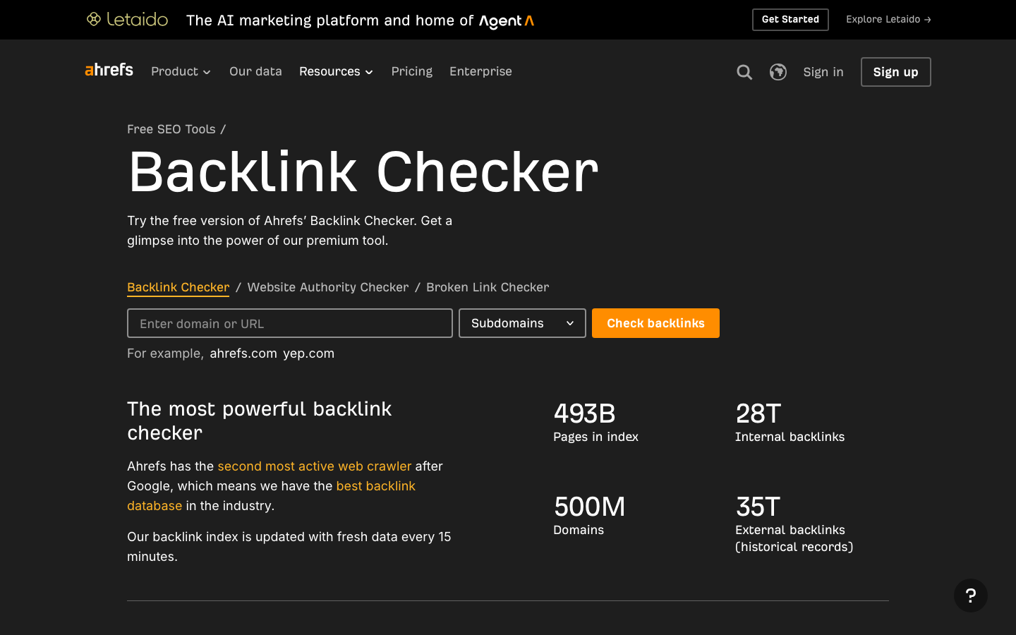 Screenshot: Backlink-Checker-Tool zur Analyse der Link-Akquisitionsrate