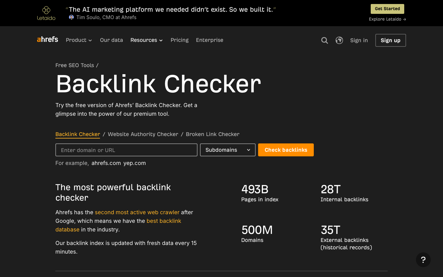 Screenshot des kostenlosen Ahrefs Backlink Checkers zur Prüfung von Backlinks und Referring Domains