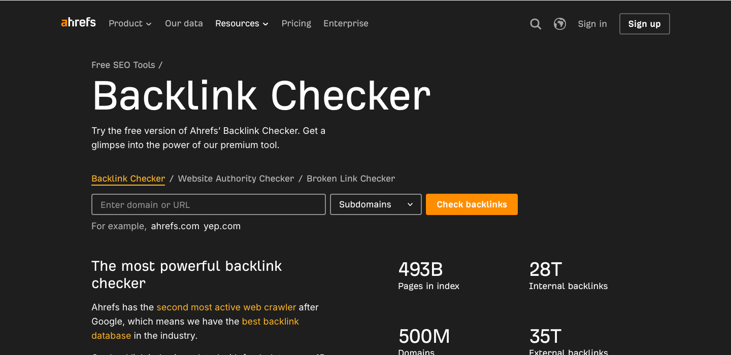 Der Ahrefs Backlink Checker mit Eingabefeld für Domain und Statistiken zur Backlink-Datenbank