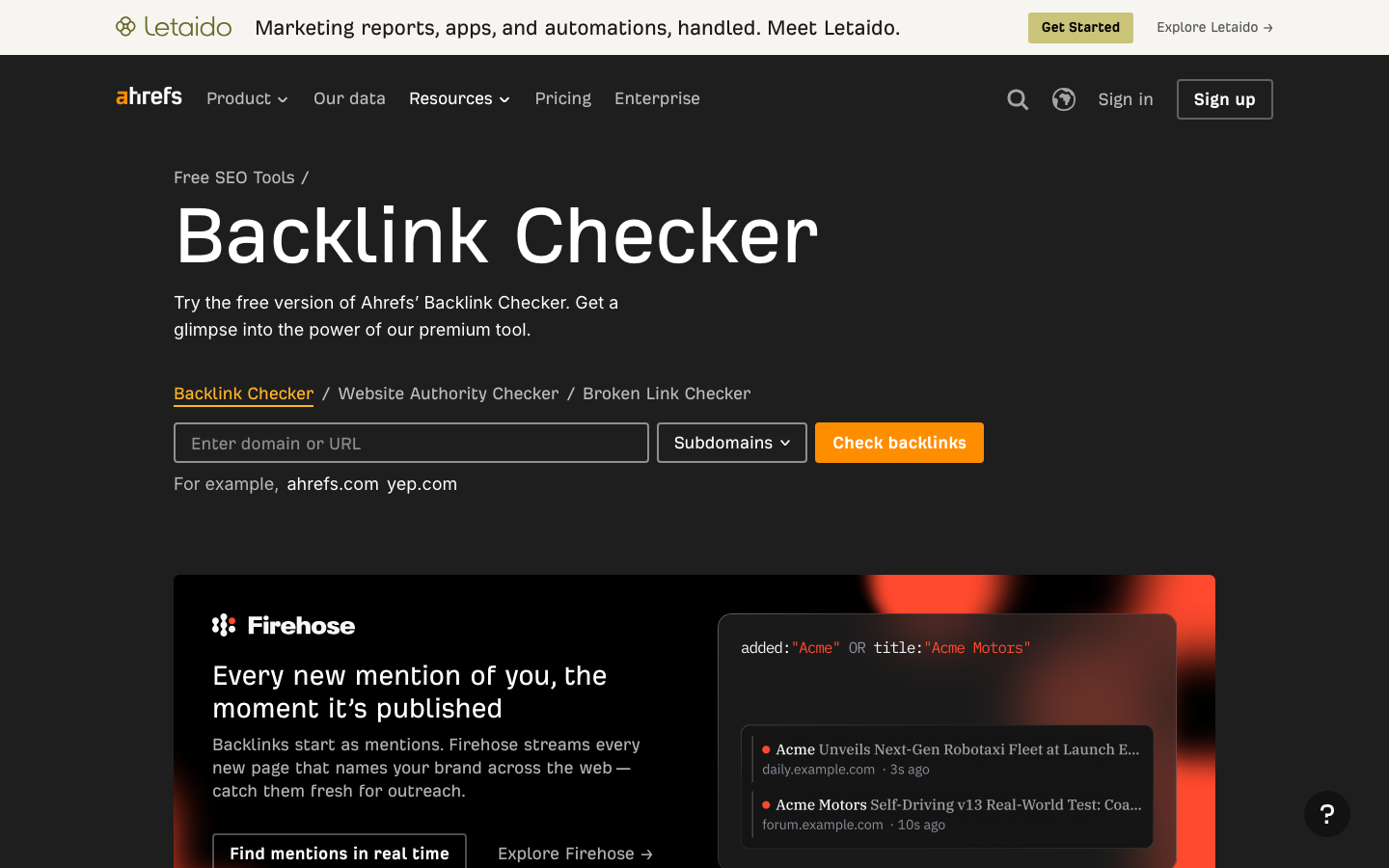 Screenshot: Ahrefs Backlink Checker, ein kostenloses SEO-Tool zur Analyse verweisender Domains