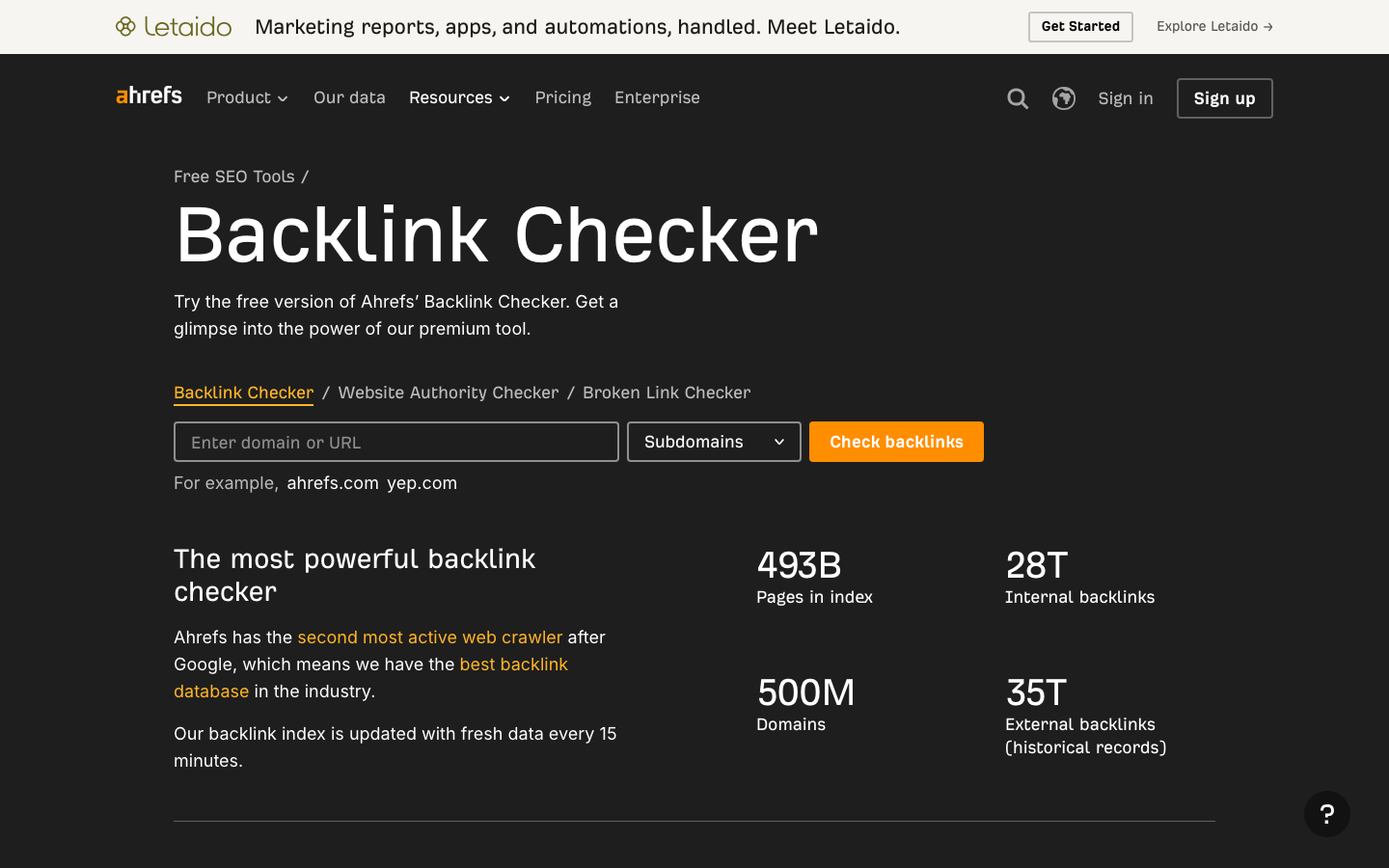 Screenshot des kostenlosen Ahrefs Backlink Checker