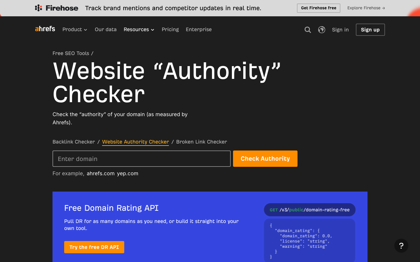 Ahrefs Website Authority Checker Tool zur Prüfung des Domain-Ratings einer Website