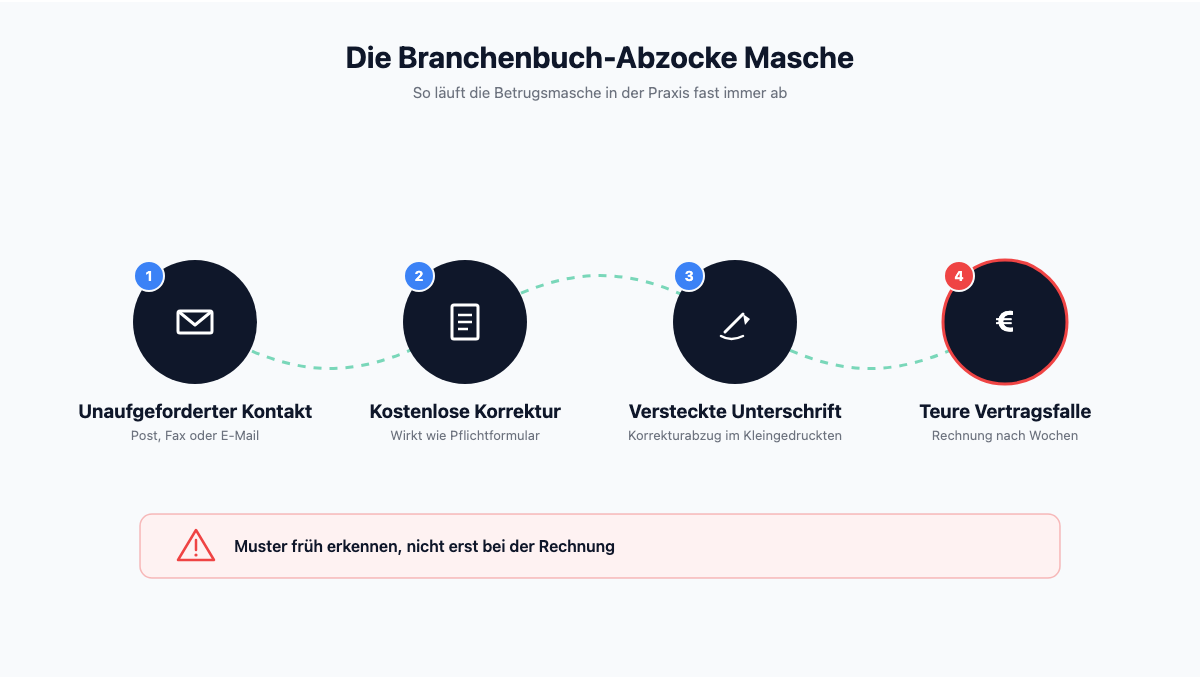 Ablauf der Branchenbuch-Abzocke: unaufgeforderter Kontakt, vermeintlich kostenlose Korrektur, versteckte Unterschrift, Rechnung