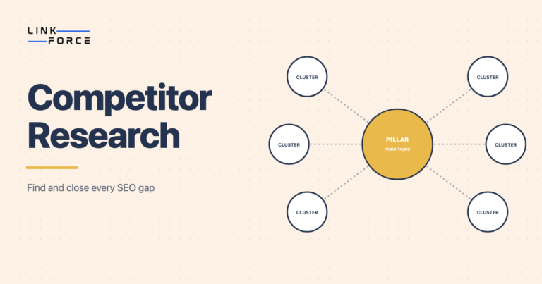 LinkForce featured image: SEO Competitor Research pillar page, topic cluster diagram
