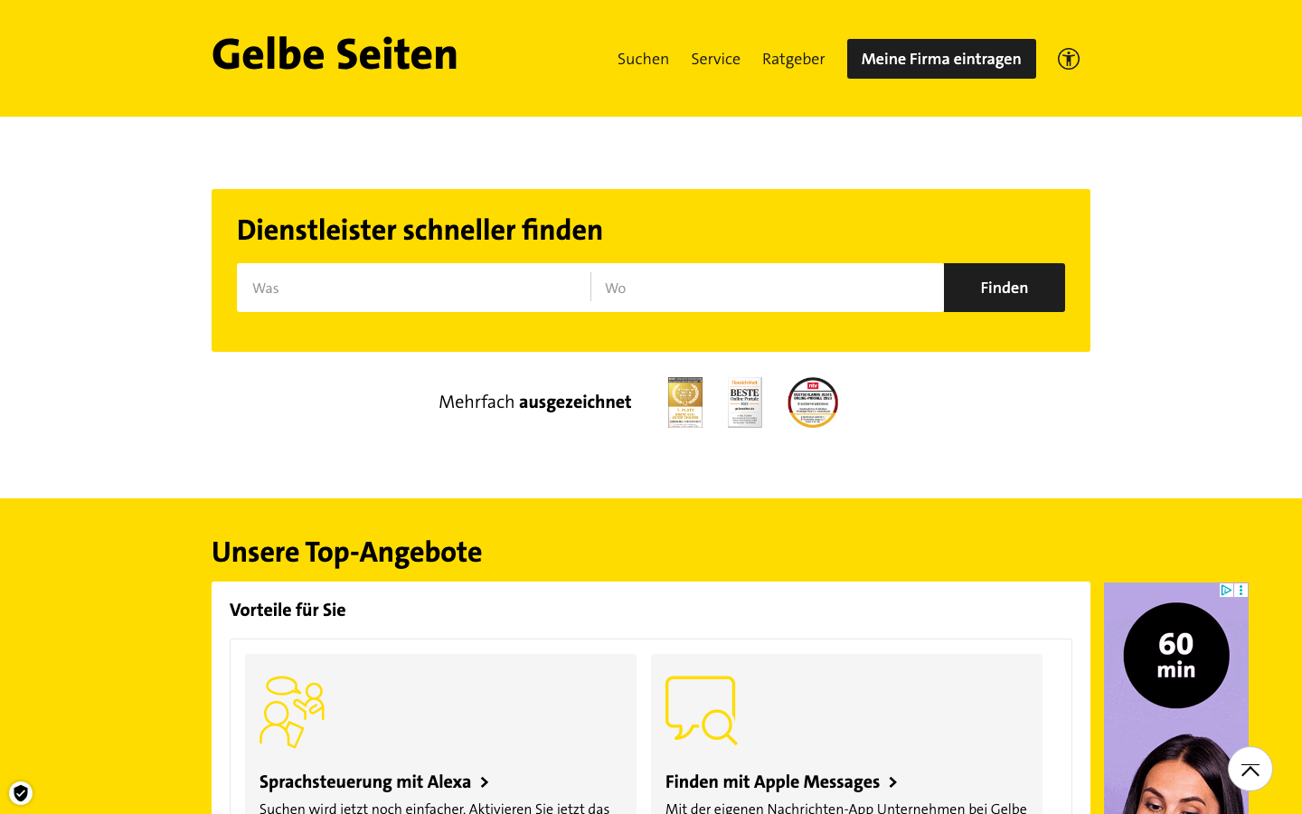 Startseite von Gelbe Seiten mit Suchfeld für Dienstleister, einem der wichtigsten seriösen Branchenbücher
