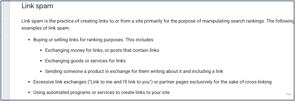 Google Search Central spam policies page listing excessive link exchanges as a link scheme