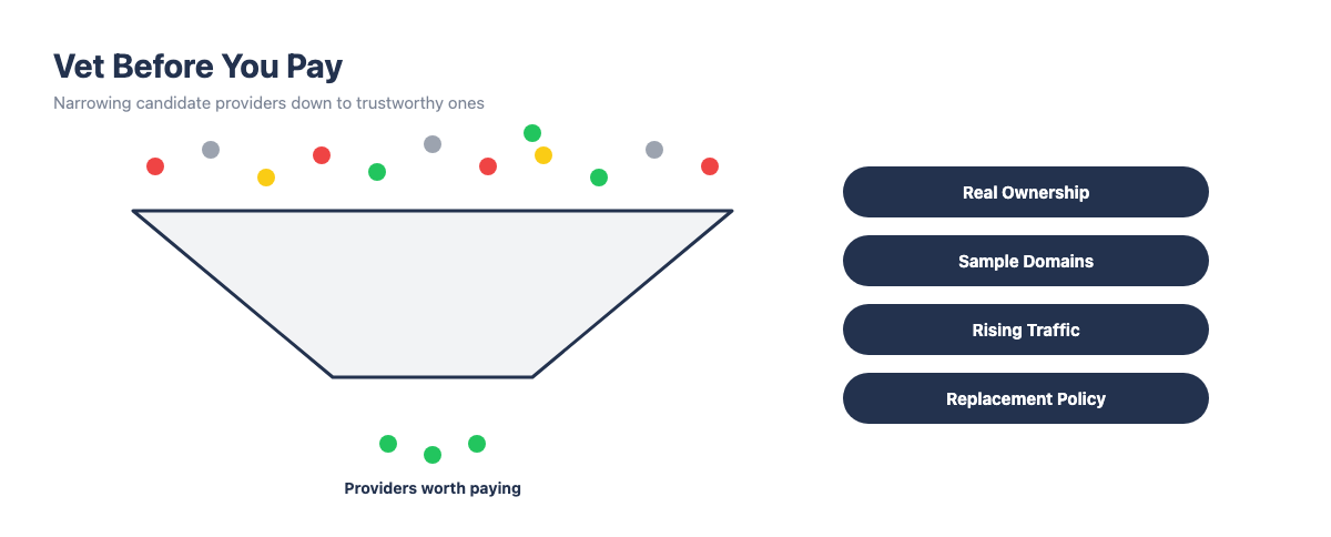 Funnel diagram showing link building provider vetting criteria narrowing candidates down to trustworthy providers