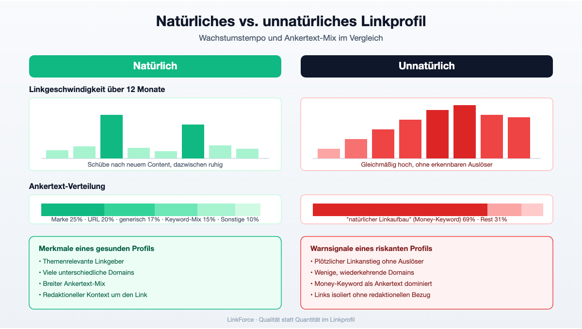 Vergleich: natürliches und unnatürliches Linkprofil anhand von Wachstumstempo und Ankertext-Mix