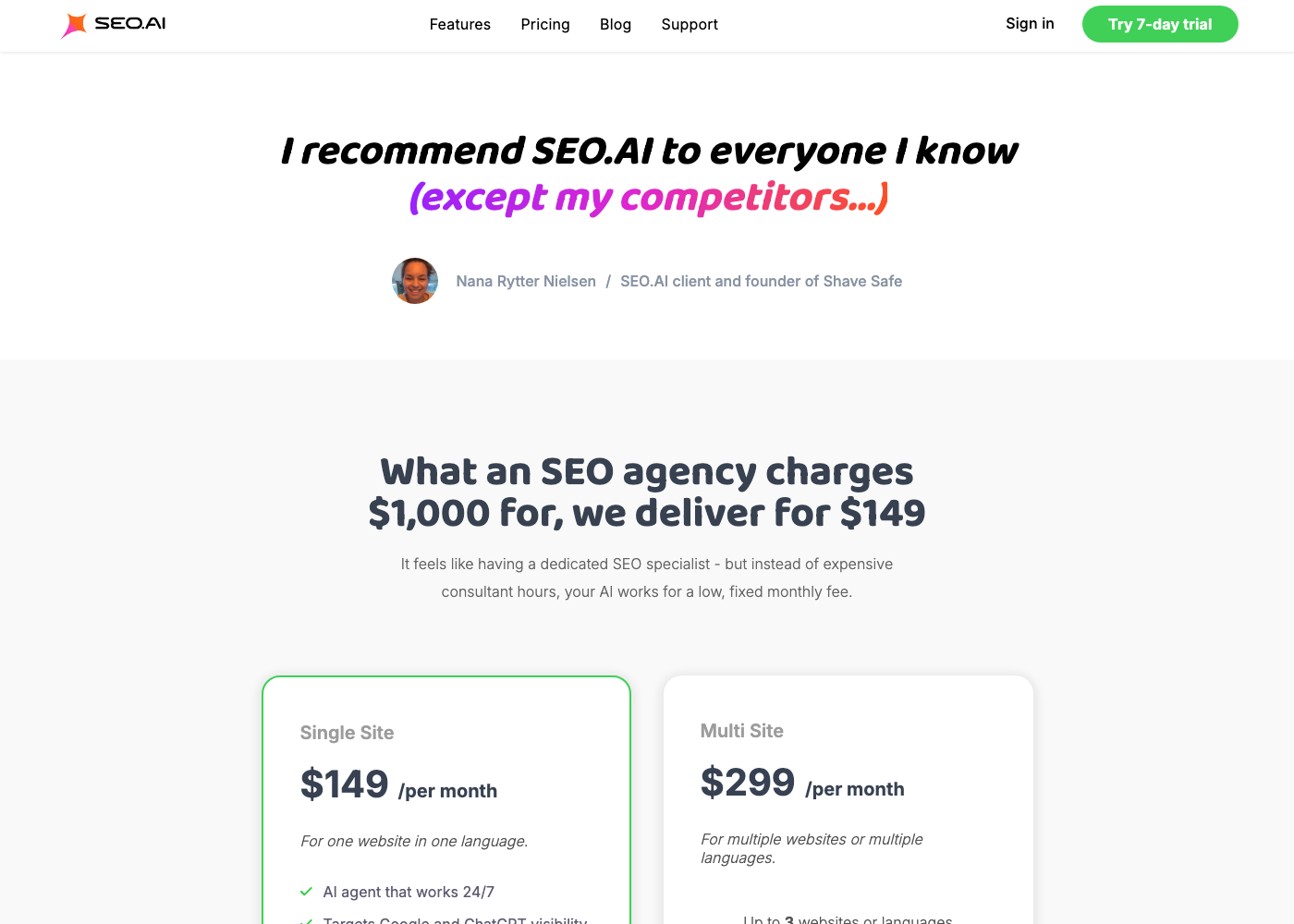 Screenshot of seo.ai pricing page showing $149 per month single-site and $299 per month multi-site plans