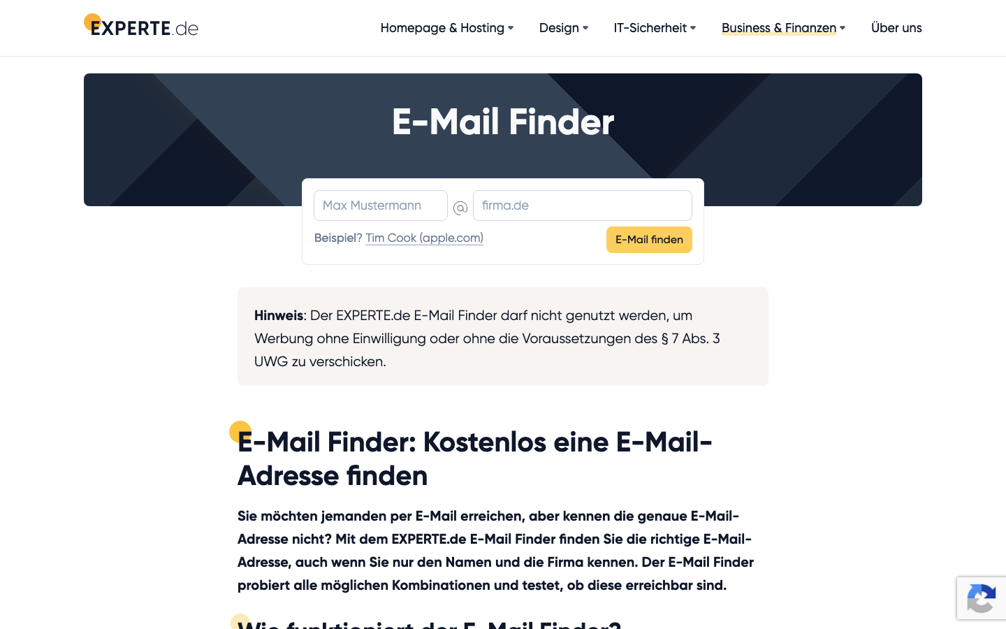 Screenshot eines Email Finders mit Eingabefeldern für Name und Domain