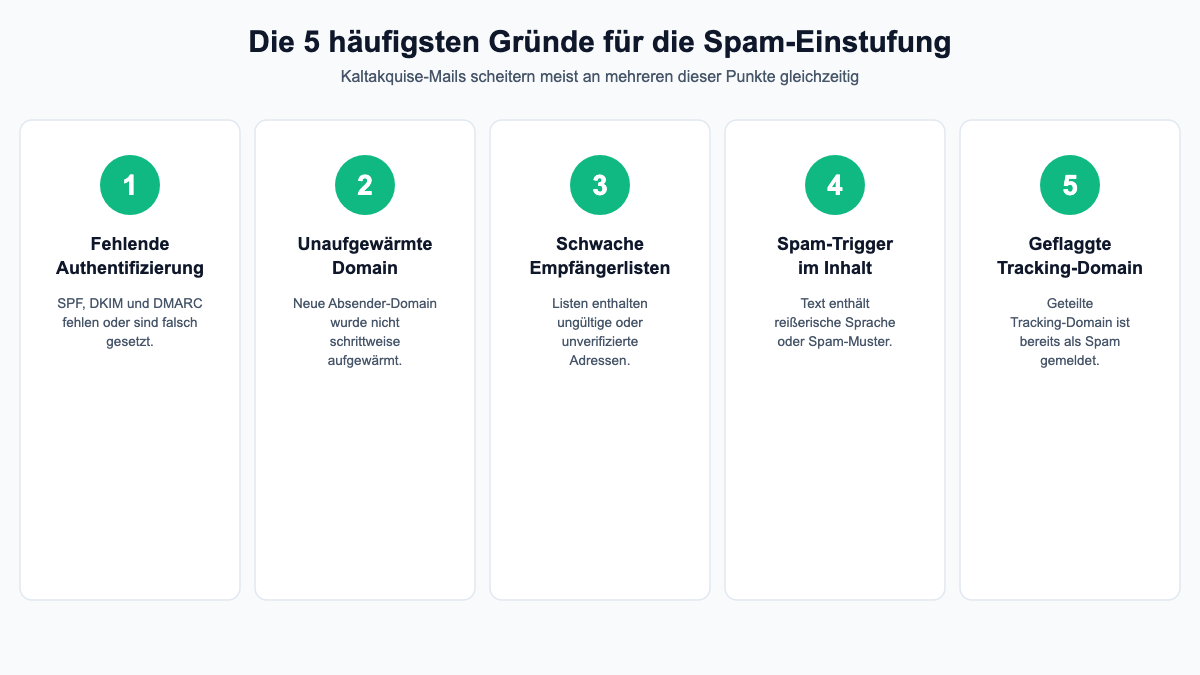 Fünf Karten mit den häufigsten Gründen für Spam-Einstufung: fehlende Authentifizierung, unaufgewärmte Domain, schwache Empfängerlisten, Spam-Trigger im Inhalt und geflaggte Tracking-Domain