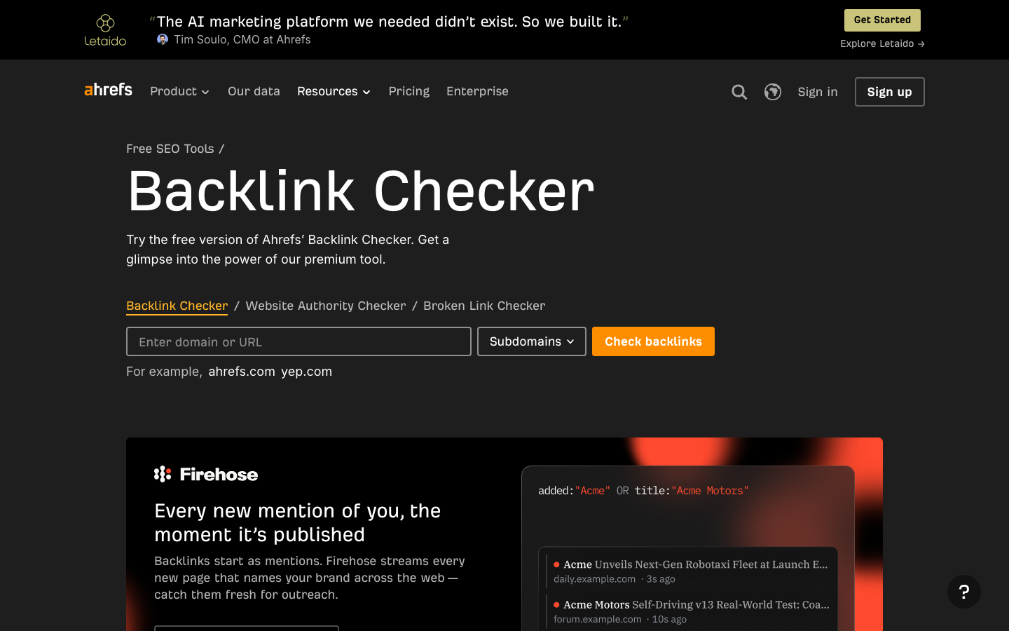 Screenshot des Ahrefs Backlink Checker Tools zur Prüfung von Linktausch-Partnern