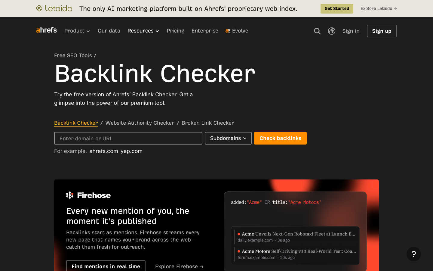 Kostenloser Backlink Checker von Ahrefs zur Prüfung verweisender Domains