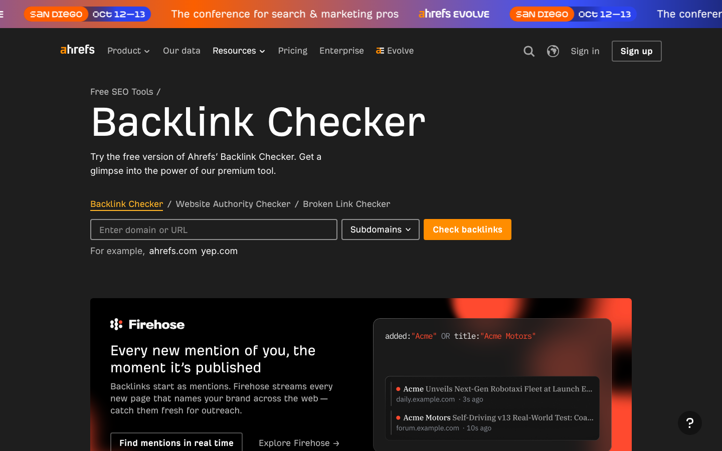 Screenshot des Ahrefs Backlink Checker zur Prüfung von Domain Rating und Backlink-Profil