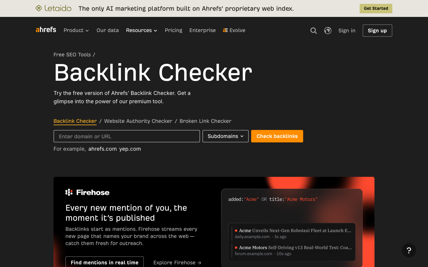 Ahrefs Backlink Checker Tool Startseite