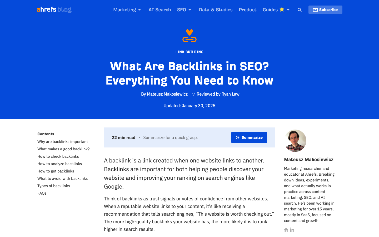 Screenshot: Ahrefs Blog Artikel zum Thema Backlinks