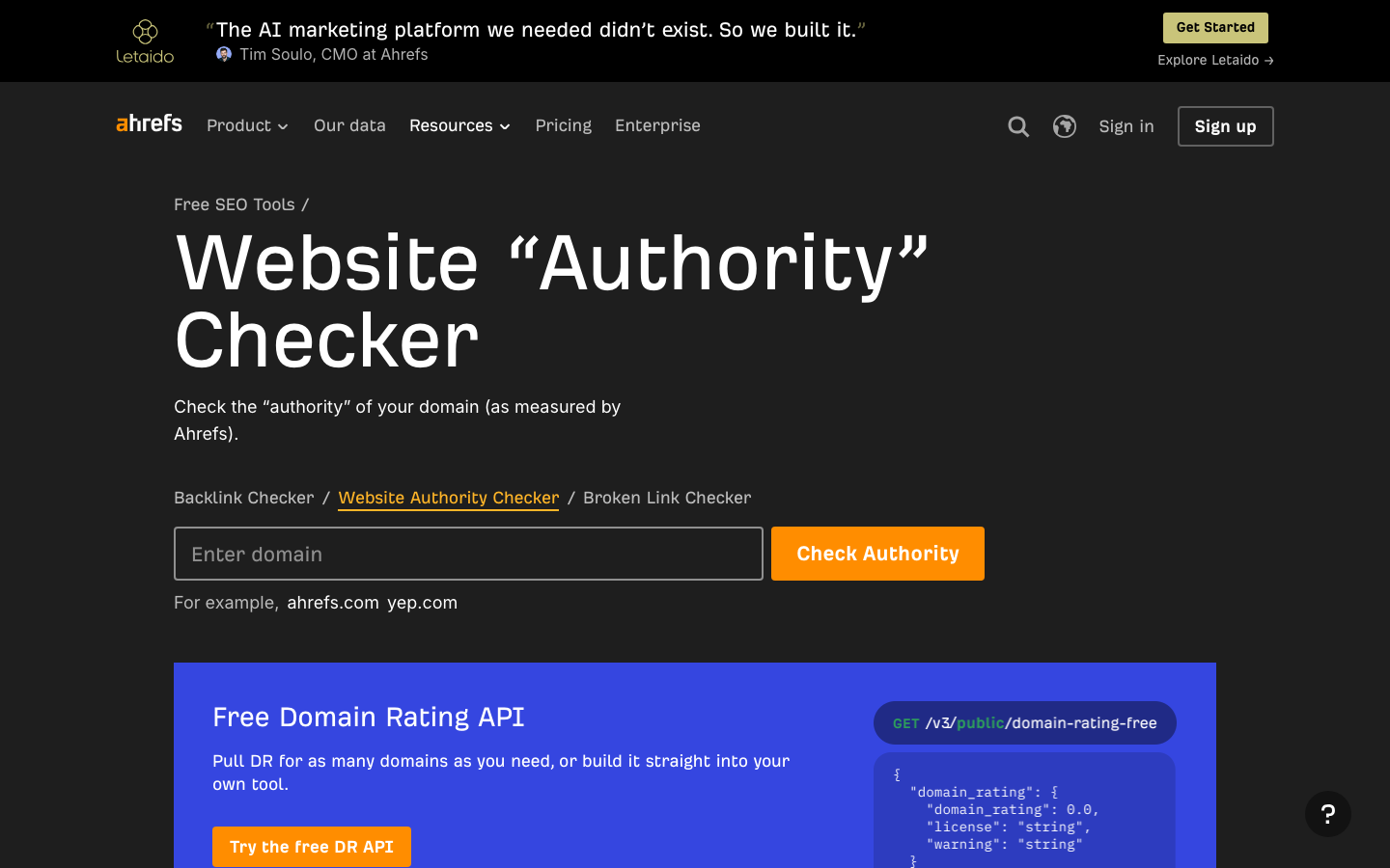 Screenshot des Ahrefs Website Authority Checker, ein kostenloses Tool zur Prüfung des Domain Rating