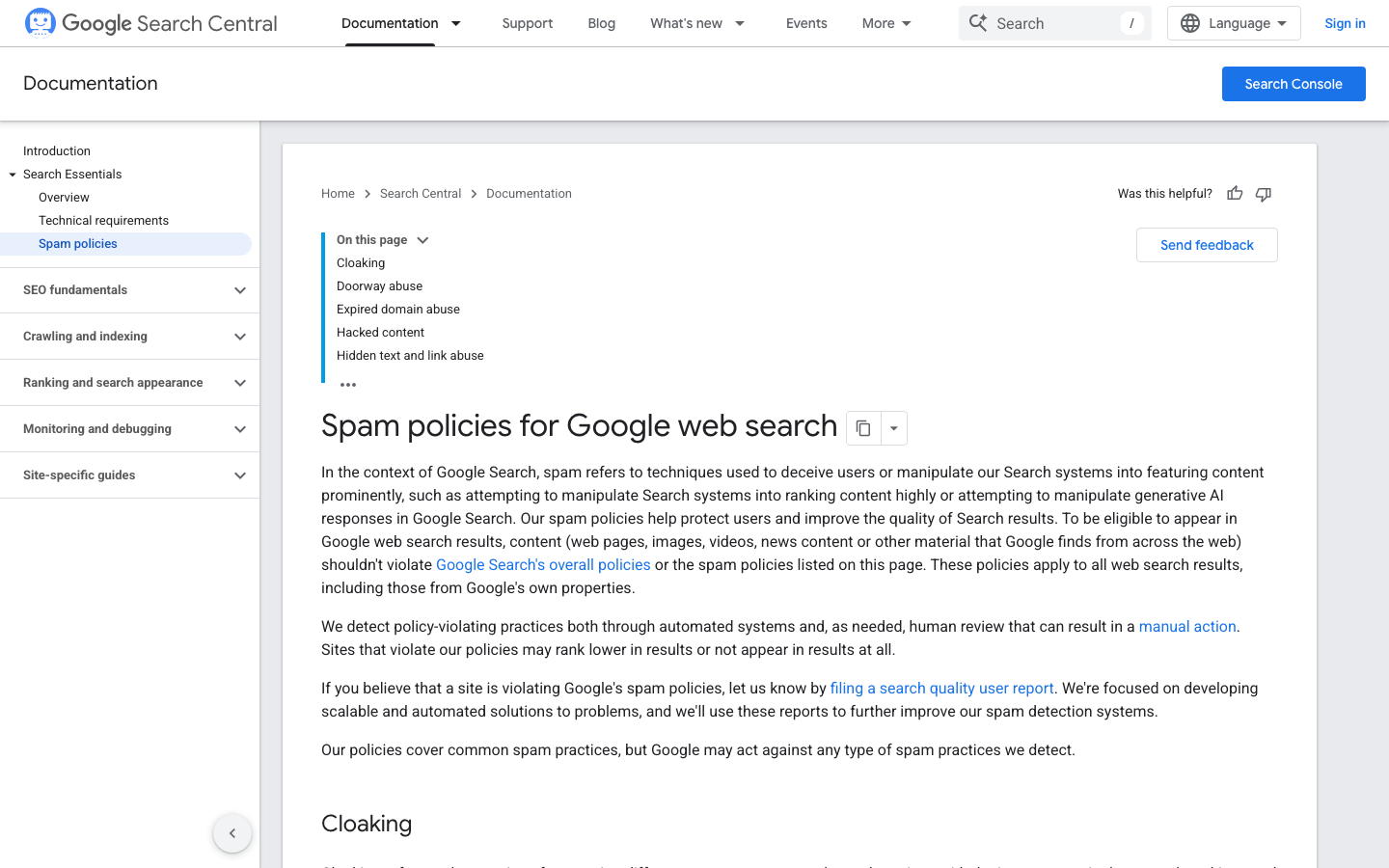 Screenshot der Google Search Central Seite zu Spam-Richtlinien, die übermäßigen Linktausch als Linkschema einordnet