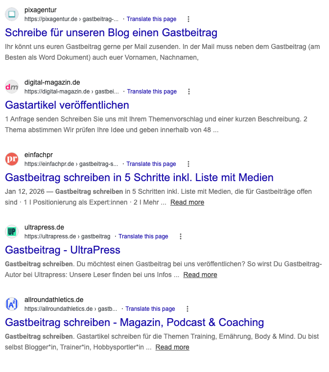 Google search results for site:.de Gastbeitrag schreiben showing German guest post opportunities