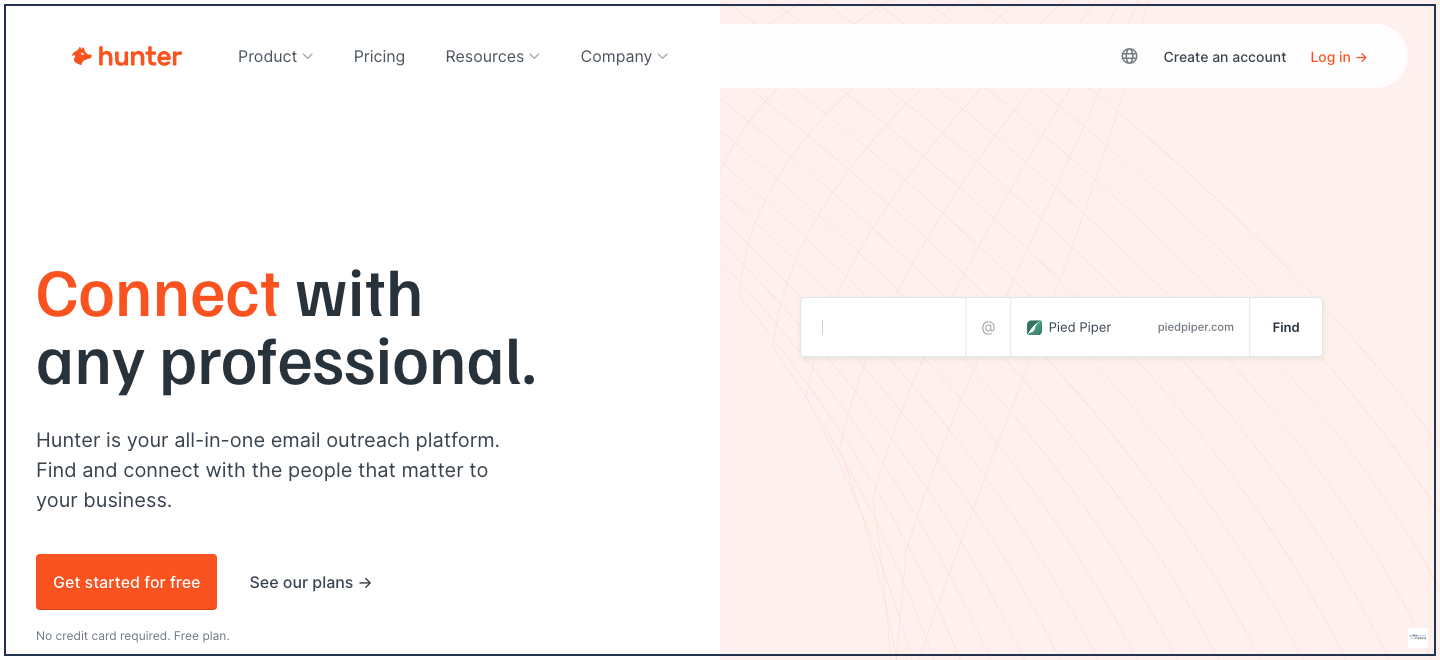 Hunter.io homepage – email finder tool for locating guest posting editor contacts