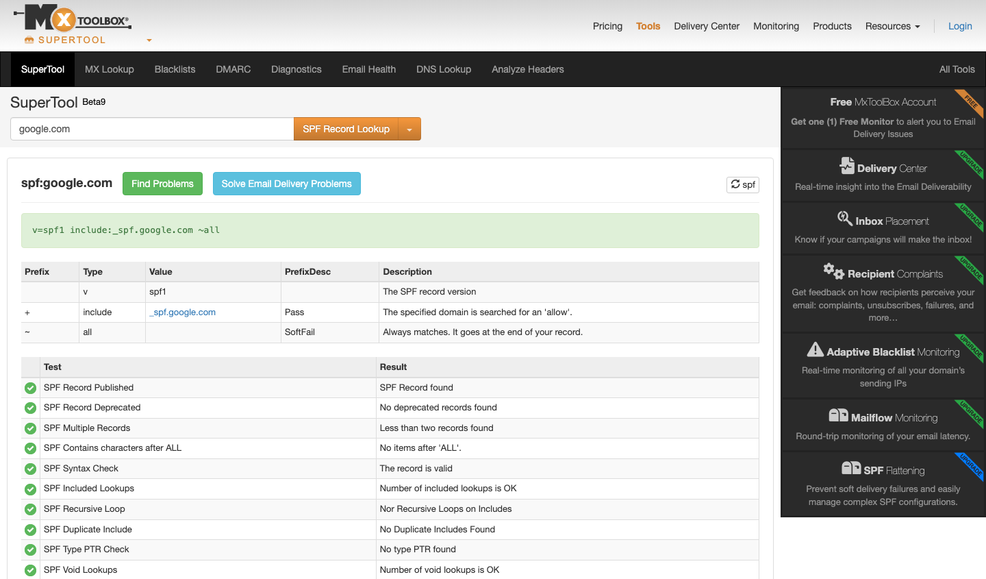 Screenshot eines öffentlichen SPF- und DMARC-Checker-Tools mit bestandenen Prüfpunkten für eine Domain