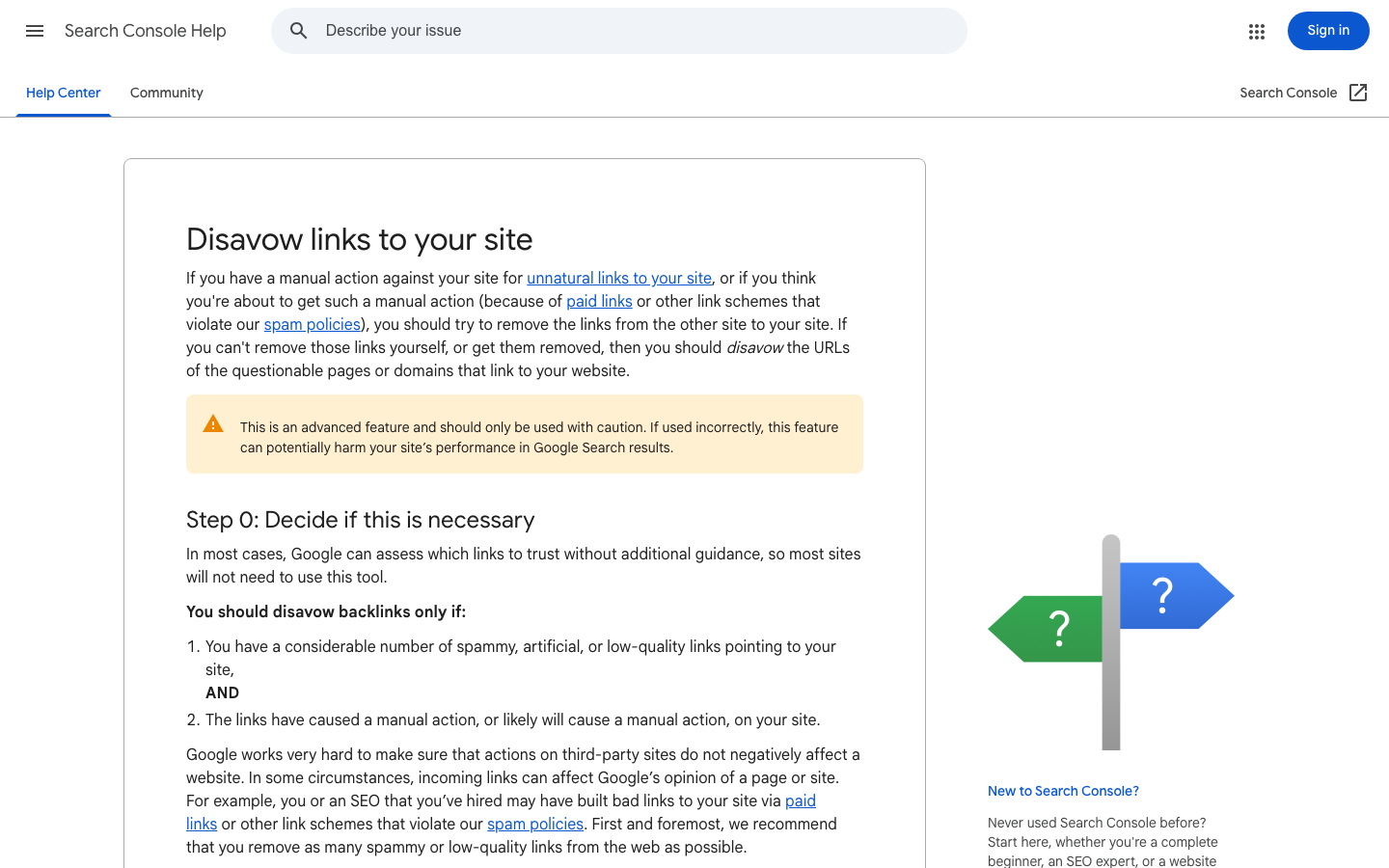 Google Search Console Hilfe-Seite zum Entwerten von Links (Disavow Links)