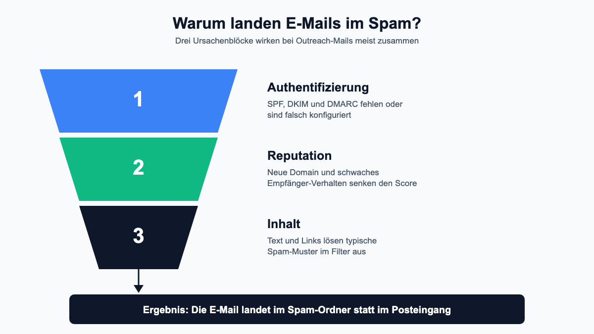 Trichtergrafik mit drei Ursachenblöcken für Spam-Einstufung: Authentifizierung, Reputation und Inhalt