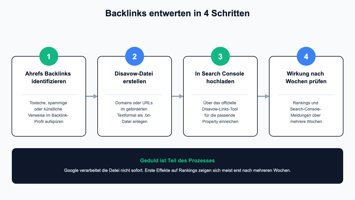 Vier Schritte beim Entwerten von Backlinks: Ahrefs-Backlinks identifizieren, Disavow-Datei erstellen, in der Search Console hochladen, Wirkung nach Wochen prüfen