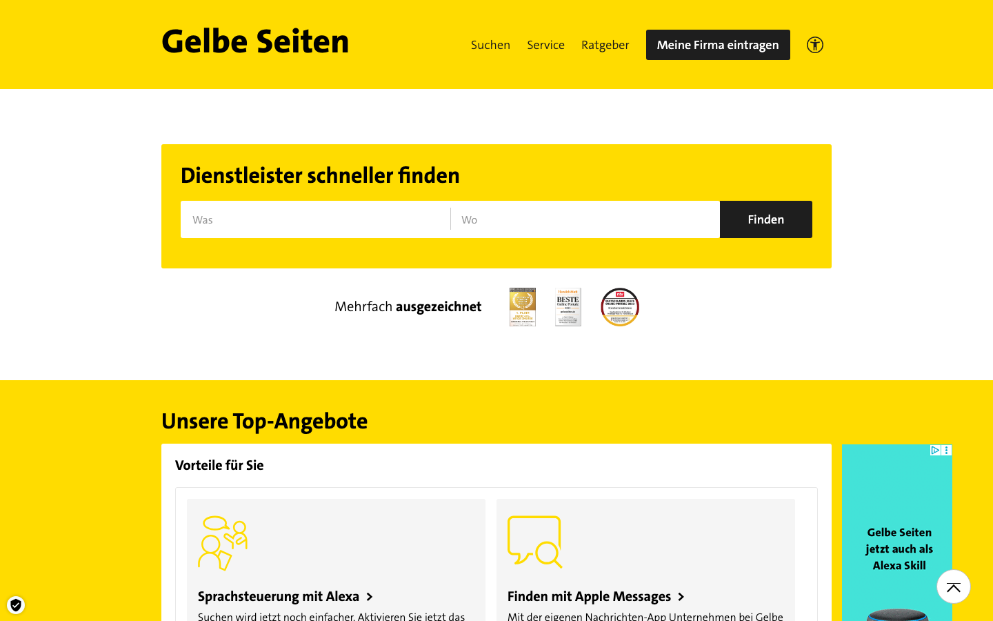 Startseite von Gelbe Seiten, einem der wichtigsten deutschen Verzeichnisse für Citations