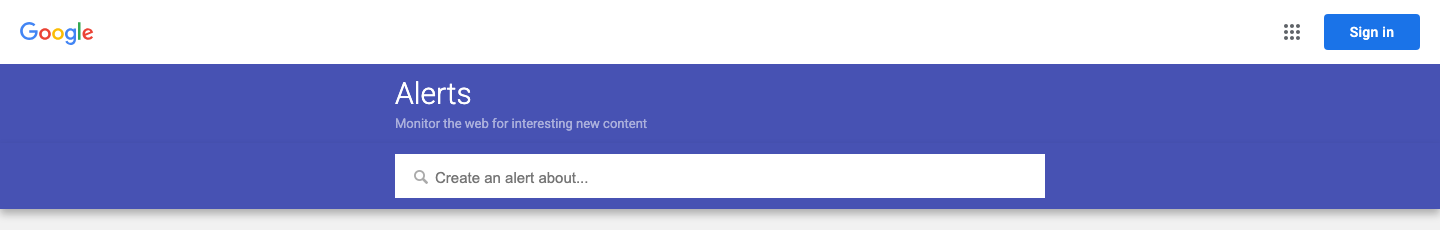 Screenshot der Google Alerts Startseite zum Einrichten eines Markennamen-Alerts