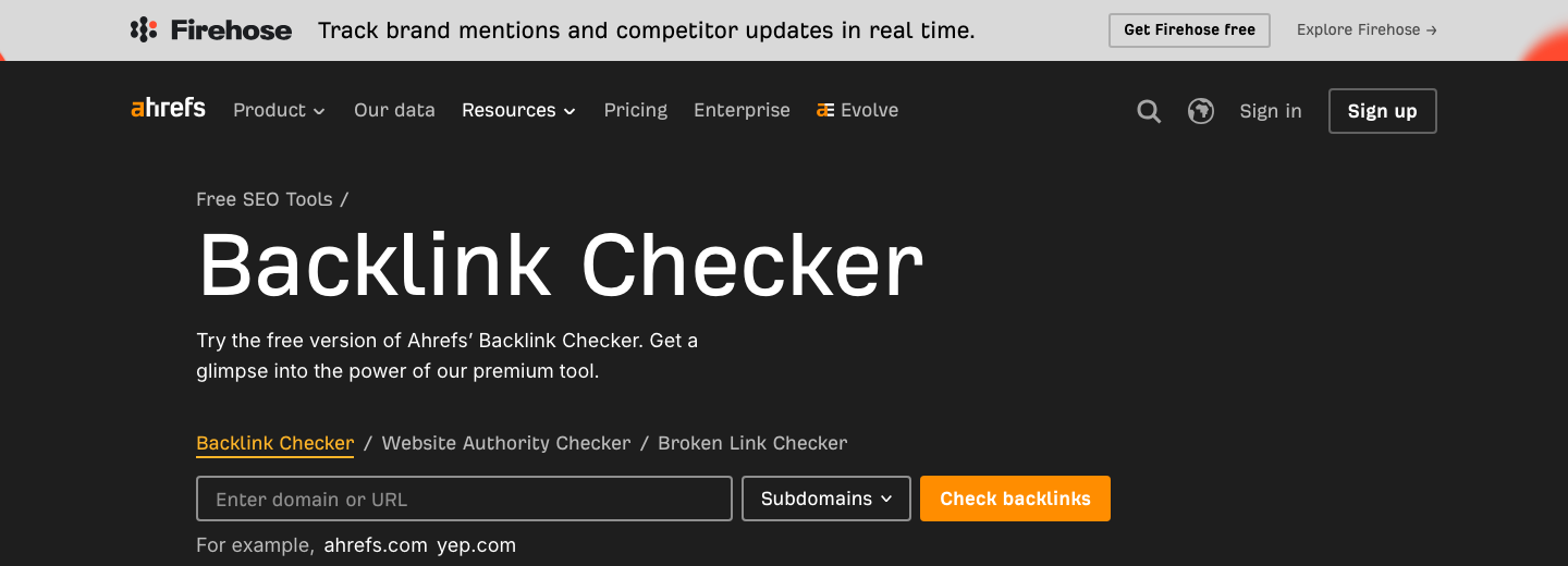 Die Startseite des kostenlosen Ahrefs Backlink Checker Tools mit Eingabefeld für eine Domain.