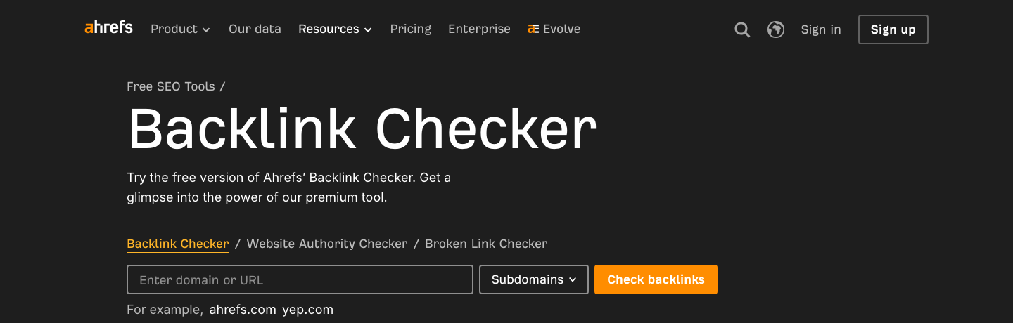 Eingabemaske des Ahrefs Backlink Checker Tools zur Analyse von Backlink-Profilen.