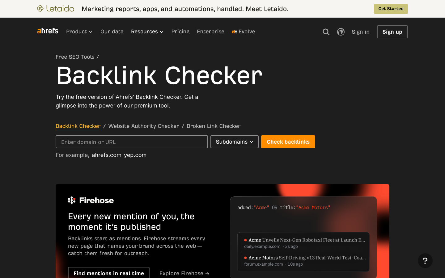 Screenshot des kostenlosen Ahrefs Backlink Checker Tools zur Ueberwachung verlorener Links