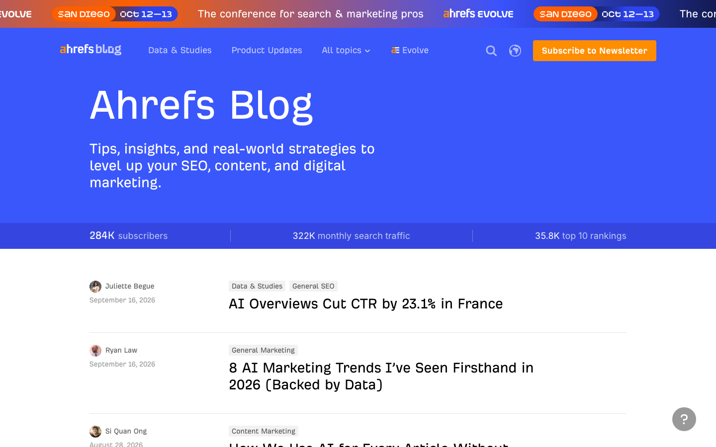 Screenshot des Ahrefs Blog als Beispiel für eine etablierte SEO-Publikation