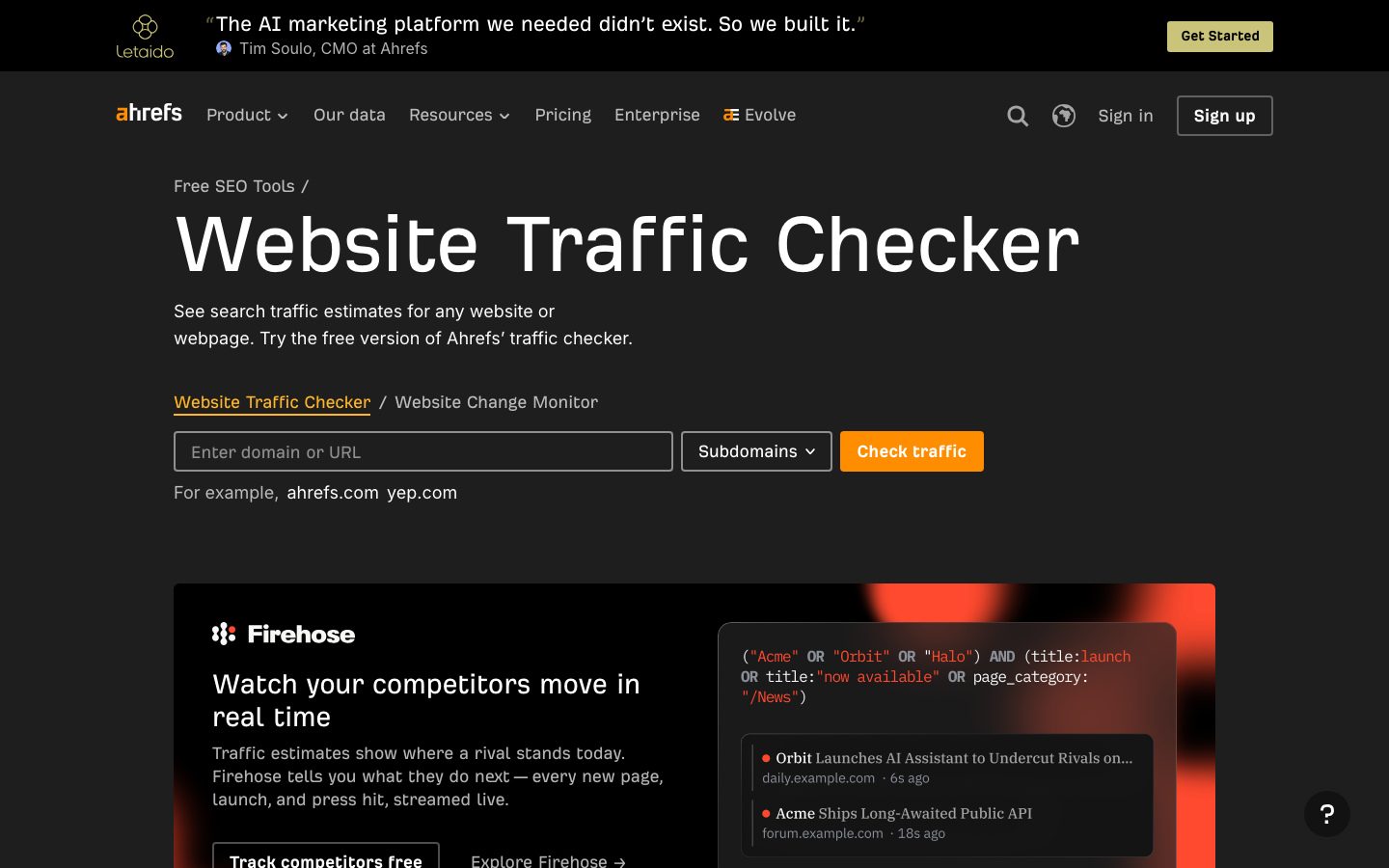 Screenshot des Ahrefs Website Traffic Checker Tools
