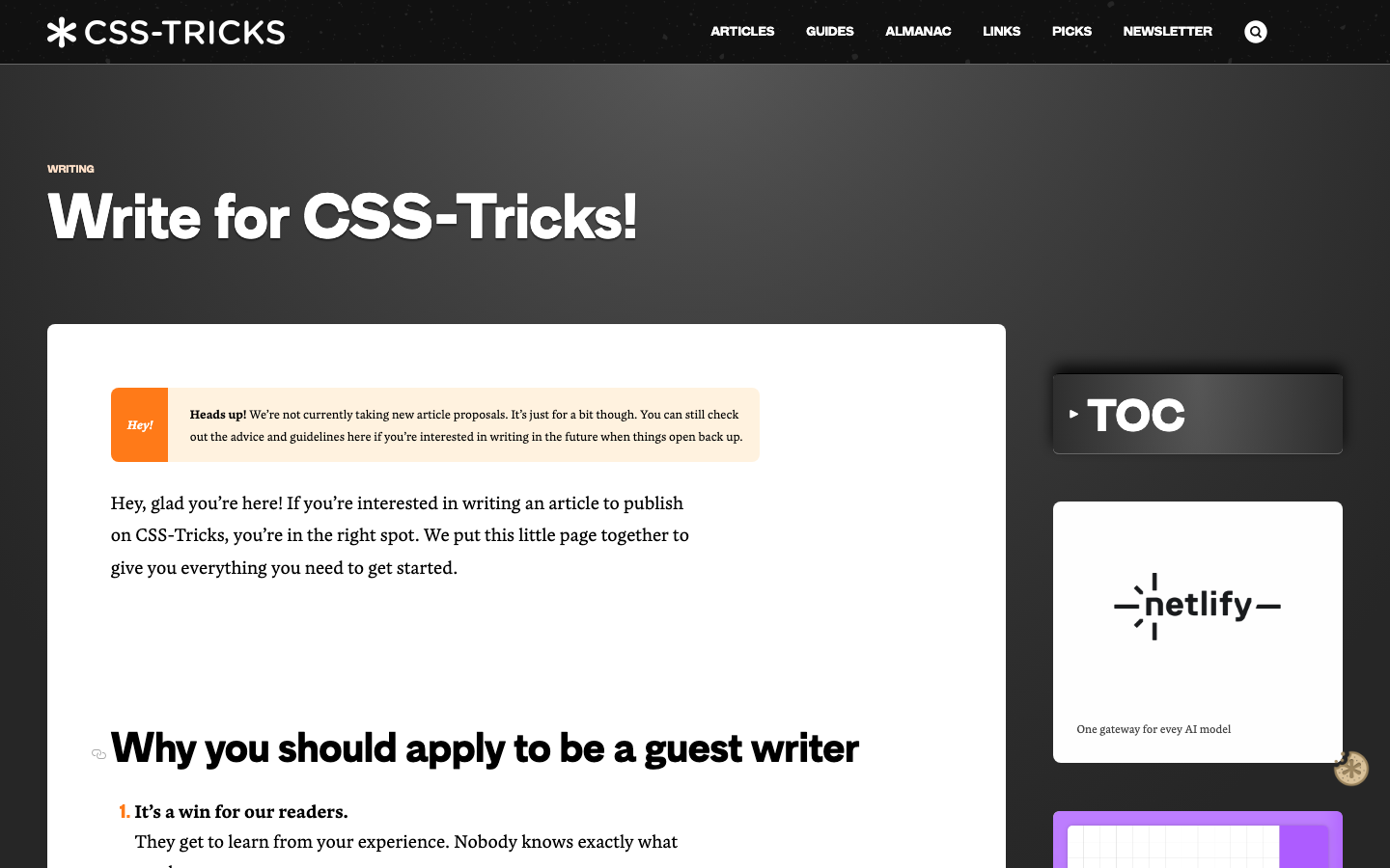Screenshot der Einreichungsseite Write for CSS-Tricks mit Gastbeitrag-Richtlinien