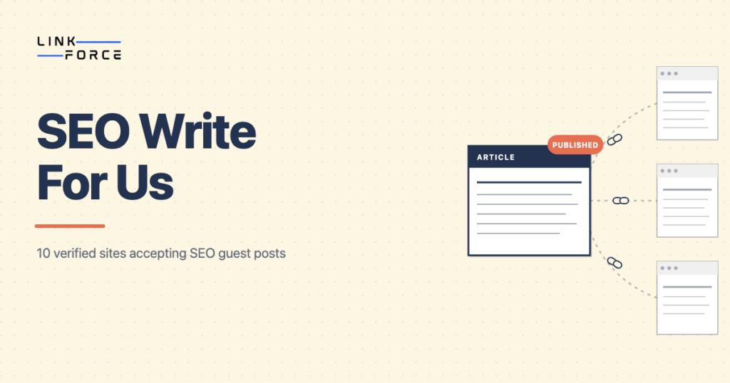 Hub-and-spoke illustration showing an SEO write for us article linking out to 10 verified guest-post sites