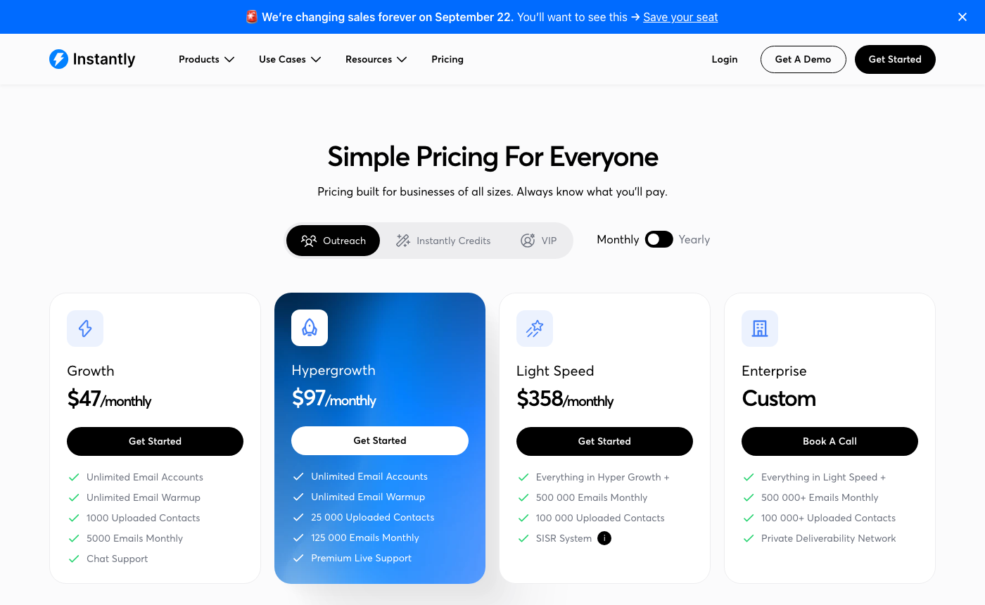 Screenshot of the live Instantly.ai pricing page showing Outreach plan tiers Growth, Hypergrowth and Light Speed
