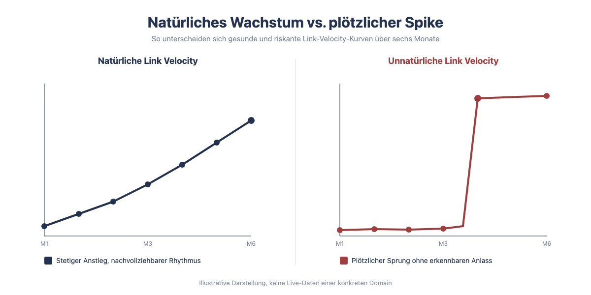 Vergleich natürliche vs. unnatürliche Link Velocity: stetige Wachstumskurve über sechs Monate gegenüber plötzlichem Spike ohne erkennbaren Anlass