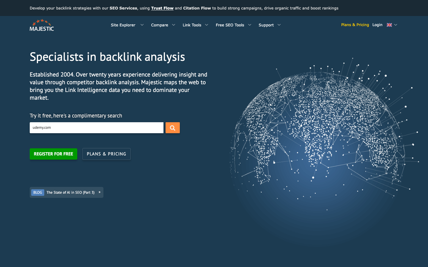 Majestic backlink checker homepage with Trust Flow and Citation Flow metrics