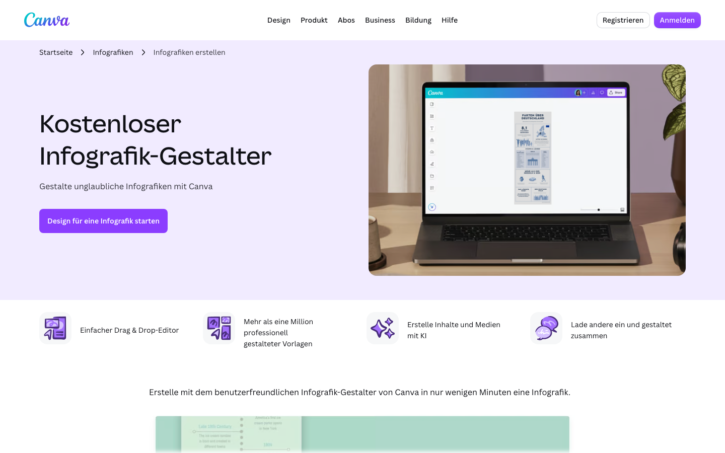 Canva Infografik-Gestalter: Startseite des kostenlosen Infografik-Tools auf Deutsch