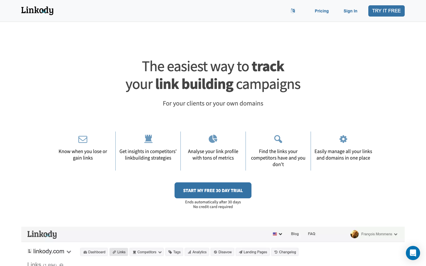Linkody backlink monitoring and disavow tool homepage