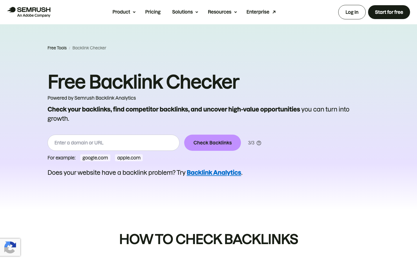 Semrush free backlink checker landing page