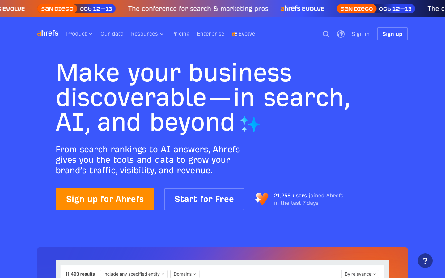 Ahrefs Startseite: Tool für Backlink-Analyse und Wettbewerber-Recherche
