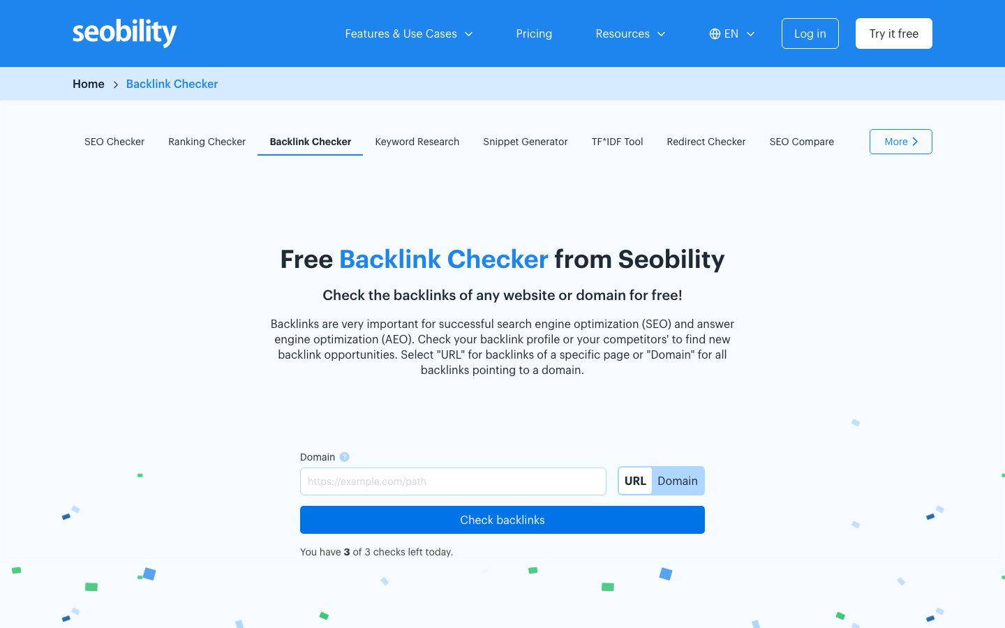 Der kostenlose Backlink-Checker von Seobility mit Eingabefeld für Domain oder URL